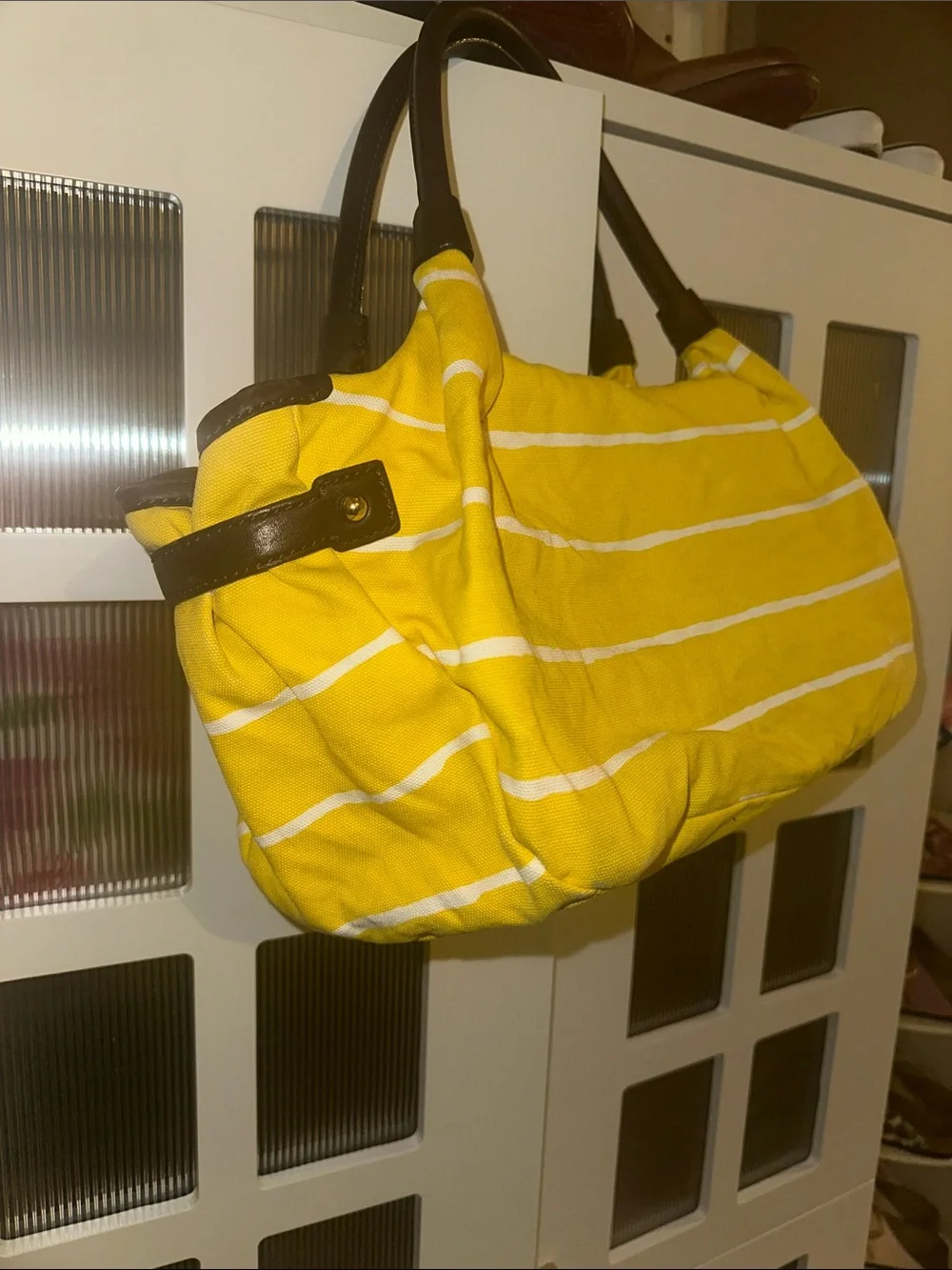 kate spade Yellow and White Striped Canvas Tote with Dark Handles
